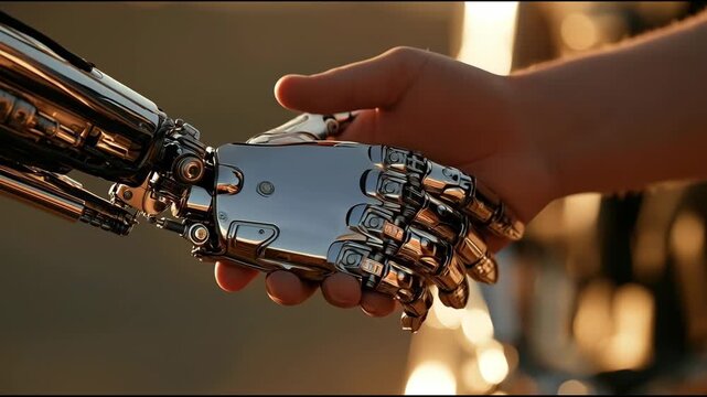Close Up of Human and Cyborg Robot Handshake in Warm Light Video.