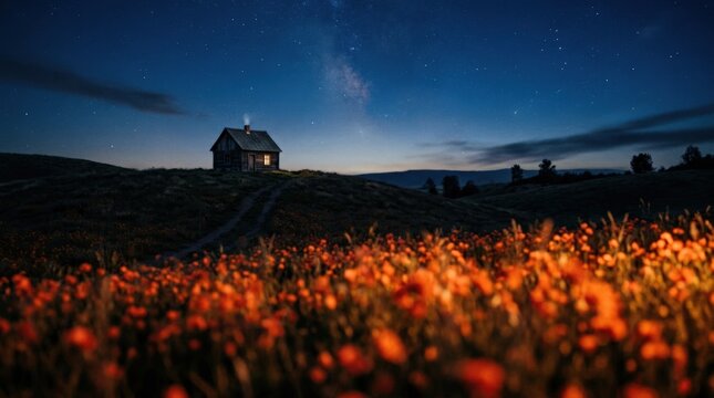 Tiny dark house on a rolling hill above a blurred field of glowing red-orange flowers beneath a deep blue sky, cinematic landscape photography, strong shallow depth, solitude, rural living, mystery
