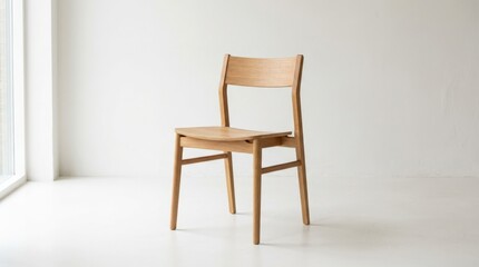 Obraz premium Minimal light-wood chair standing against a bright off-white studio background, clean furniture product visualization, slim geometric frame, soft natural shadow, warm oak tones and sophisticated