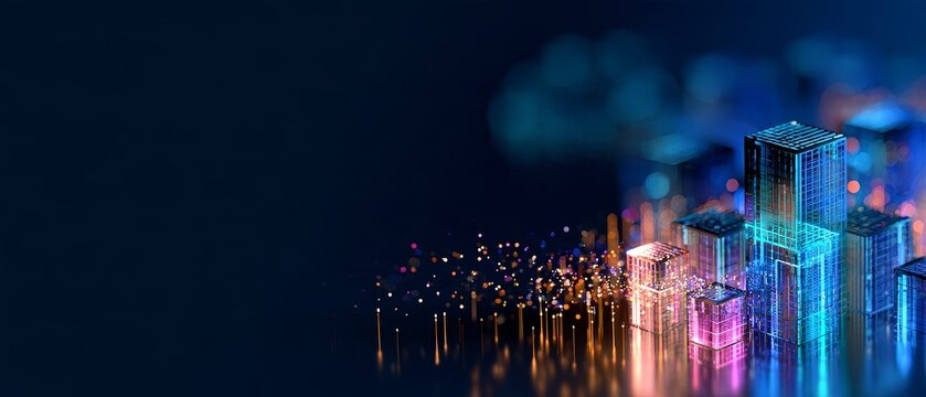 Futuristic cityscape with digital elements representing cloud based erp and business process automation