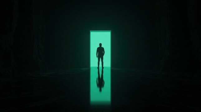 Lone human silhouette standing inside a glowing rectangular green doorway, mirrored perfectly on a dark reflective floor, minimalist conceptual photography, deep forest-black surroundings, teal-green