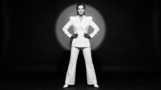 Powerful woman in a sharp white futuristic pantsuit standing full length with hands on hips, dramatic black-and-white studio fashion photography, deep black background with a circular gray spotlight