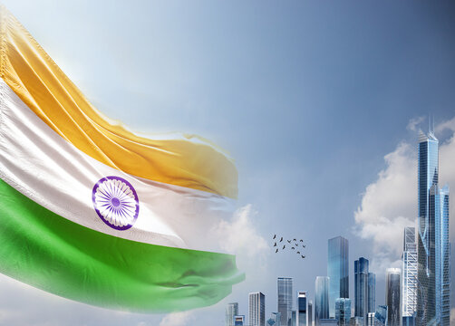 India national flag waving in sky with modern building skyline. India national flag for independence day.
