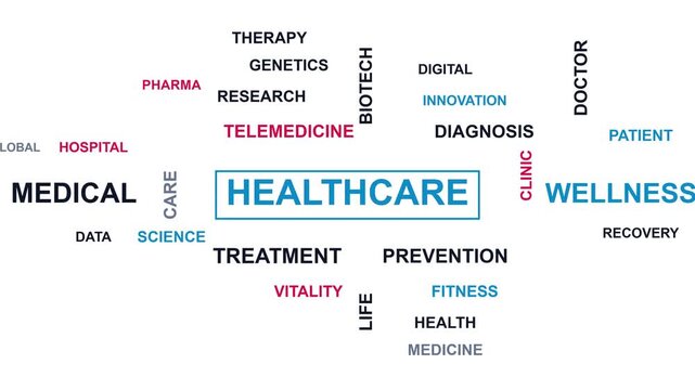 Professional healthcare and medical wellness concept word cloud design showcasing essential industry terms for science research and digital patient care innovation