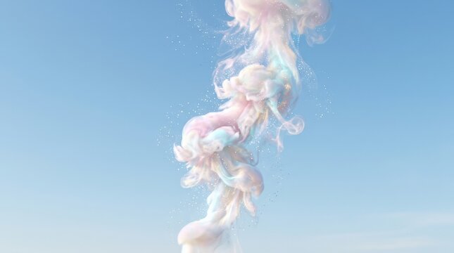 Vertical plume of pearlescent smoke and particles rising against a clean pale blue sky, fluffy white, blush and cyan textures with subtle iridescence, premium surreal CGI, minimal atmospheric