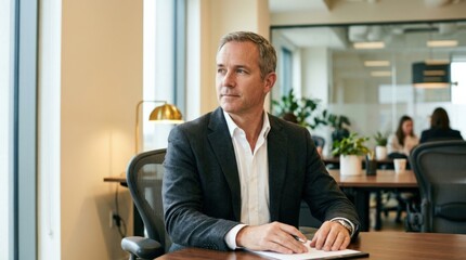 Obraz premium Thoughtful male professional seated in a bright contemporary office, candid corporate portrait photography, dark jacket over white shirt, calm serious expression looking away from camera, warm cream