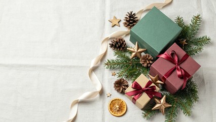 Obraz premium A festive Christmas flat lay on a neutral linen background featuring stacked gift boxes in green and burgundy, pine branches, pine cones, star decorations, and a dried orange slice with ribbon