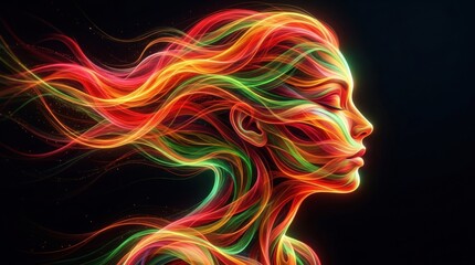 Fototapeta premium Human profile formed from flowing translucent ribbons of vivid red, orange, yellow and green against black, abstract digital art, energetic fluid motion, sharp facial silhouette, glowing layered