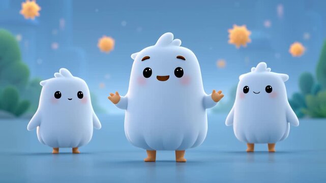 Three adorable and fluffy animated characters with rosy cheeks dancing cheerfully in a soft focused, magical environment with floating glowing particles, showcasing happiness and friendship