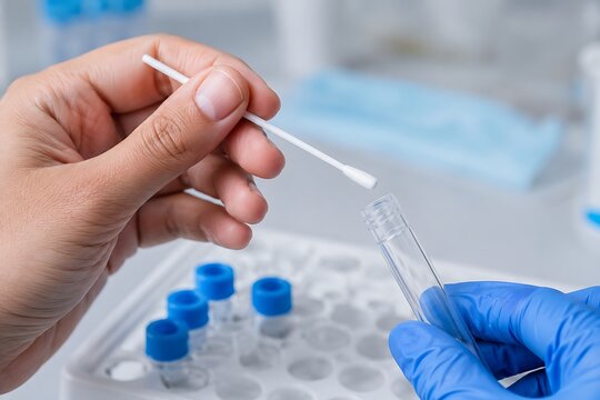 Hand with swab collecting sample into vial during medical test for disease diagnosis in laboratory with soft lighting