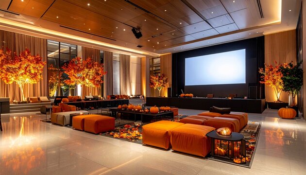 A spacious luxury event hall beautifully decorated for a autumn festive celebration, featuring warm orange modular lounge seating, glowing autumn trees with red and orange leliving room with fireplace
