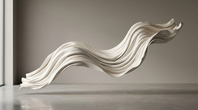 Elongated ivory fabric form hovering above the floor like a wind-swept wave, premium CGI sculpture, smooth silky folds with darker silver creases, minimalist warm-gray background, soft lateral light,