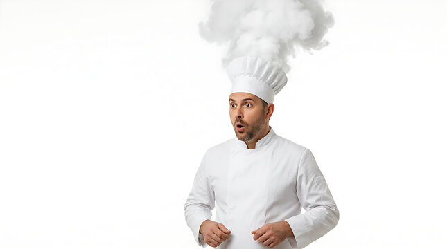 Shocked funny male chef with smoke coming out of his hat, isolated on white background