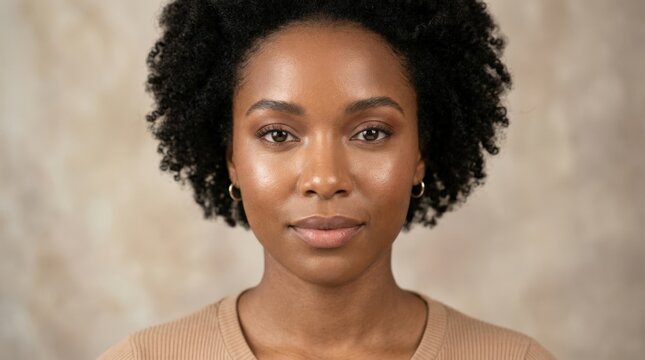 Frontal close-up portrait of a Black woman with natural makeup and calm direct gaze, premium beauty and skincare photography, warm neutral backdrop, realistic skin texture, subtle highlights,