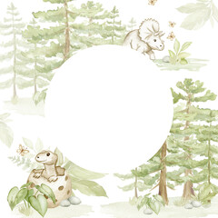 Watercolor Triceratops Forest Decorative Frame Template © liliia_sinhina