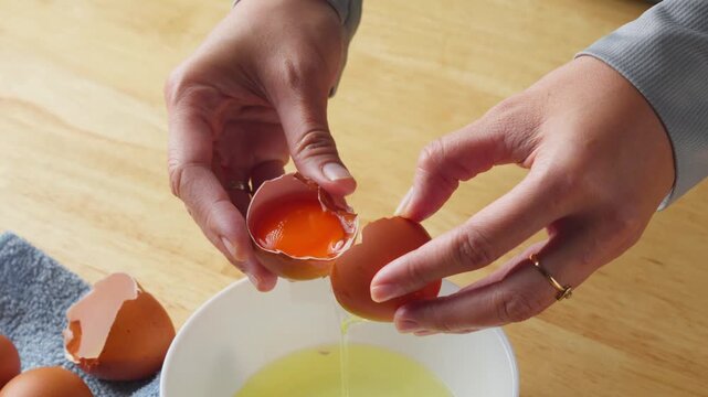 Person cracking a fresh egg and separating yolk and white egg