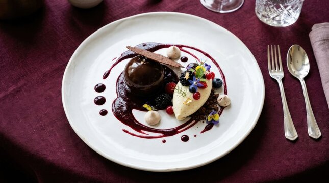 Artfully plated dessert with dark berry sauce and delicate garnish on a white ceramic plate against a deep burgundy tabletop, fine-dining food photography, cream, wine-red and chocolate palette,