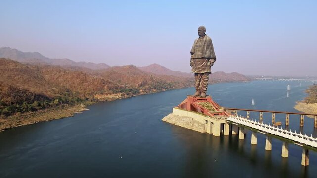 Aerial footage of the Statue of Unity, which stands at 182 meters, depicts the statue of Sardar Vallabhbhai Patel, India's first home minister, near the Narmada River.