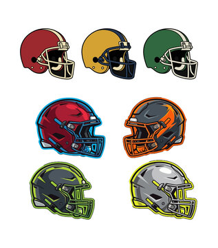 Set of American football helmets in classic and modern designs, featuring diverse team colors 