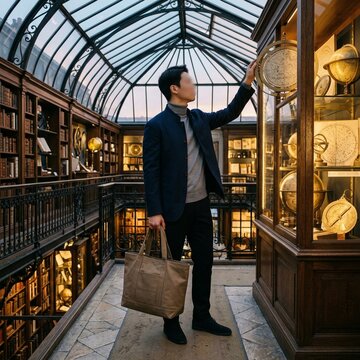 Elegant Young Asian Man Exploring a Classic Library and Astronomical Museum