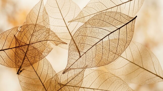 Overlapping translucent skeletal leaves in warm sepia, amber and beige tones, botanical macro art, fine visible veins, layered organic shapes, soft cream background, gentle natural light and elegant