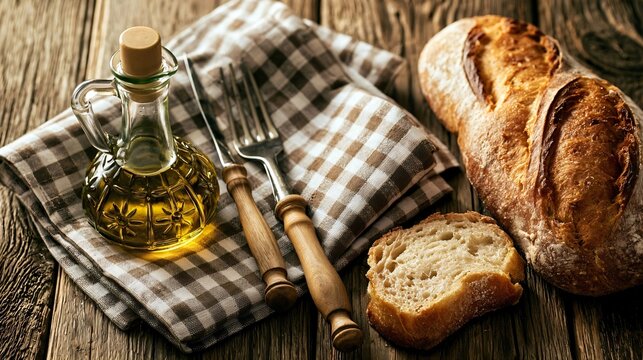 Olive oil cruet with rustic bread on wooden table