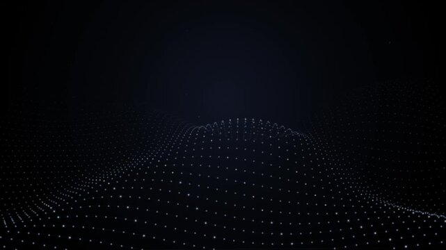 Abstract digital landscape made of glowing dots forming a wave pattern on dark background.