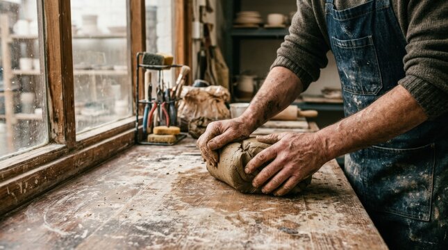 Potter&rsquo;s hands pressing and kneading clay on a flour-dusted or clay-covered worktable, documentary craft photography, warm earthy beige palette, natural window light, realistic dusty texture, tactile