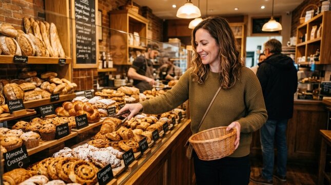 Customer browsing an abundant bakery display filled with golden breads and pastries, warm commercial food photography, amber shop lighting, glass reflections, rich baked textures, retail, hospitality,