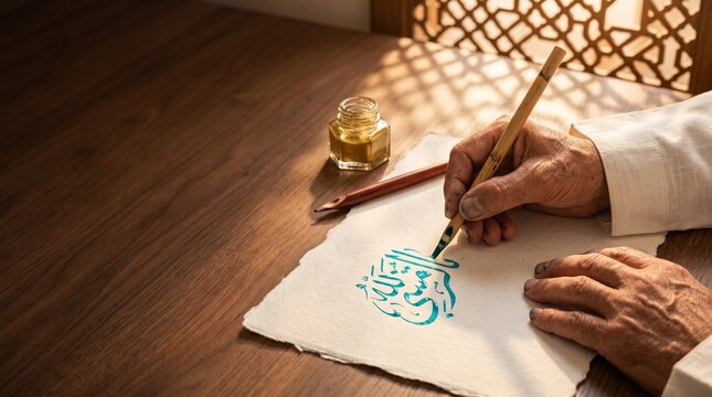 Elderly Arab calligrapher hand drawing ornate Arabic script with turquoise ink on handmade paper, Ramadan heritage and traditional Islamic art concept with copy space