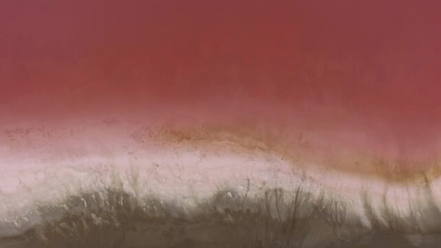 Aerial views trace a pink salt lake shoreline with shallow water, mineral textures, and color.