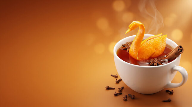 Origami swan crafted from orange peel floating in spiced tea cup with star anise and cinnamon, luxury zero-waste beverage garnish and mixology concept with copy space