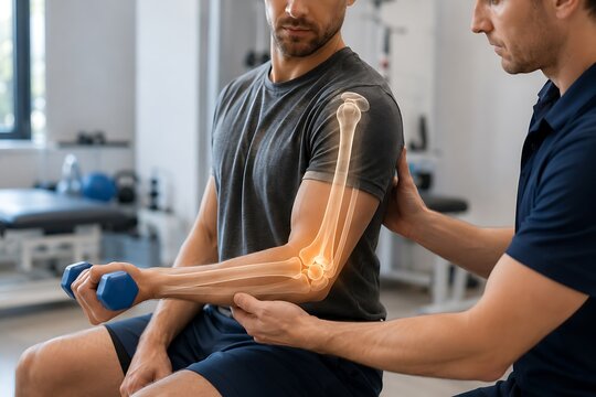 Physical therapist guides patient lifting dumbbell with glowing elbow bone overlay during rehabilitation session