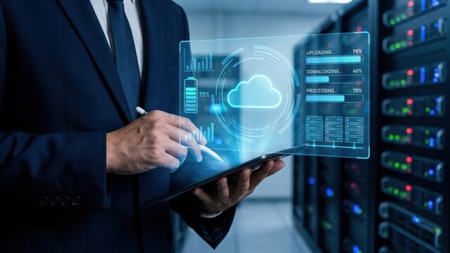 It specialist monitoring cloud server infrastructure network performance using futuristic holographic interface in a modern data center