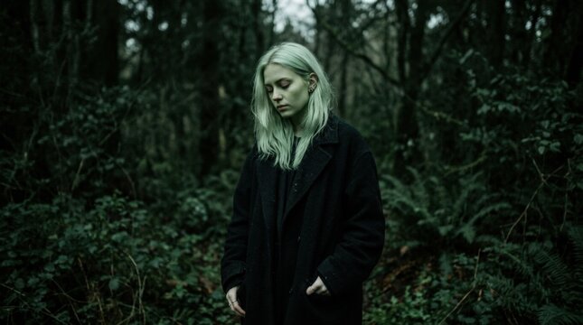 Pale green-haired person standing against a dark forest-green background, moody fashion portrait photography, green-tinted skin, black coat, lowered gaze, soft grain and eerie cinematic color grading.
