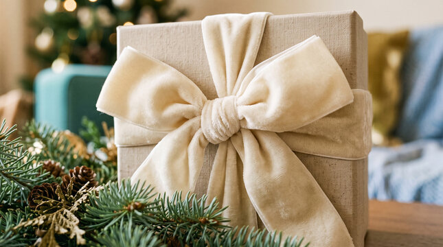 elegant cream velvet bow tied around wrapped present for winter holidays