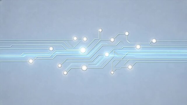 Abstract technology circuit pattern with white lines and circular nodes on light gray background