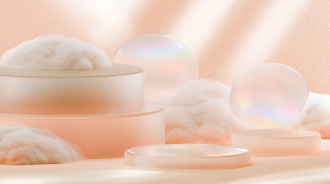 Peach Winter Stage Illustration With Iridescent Glass Spheres