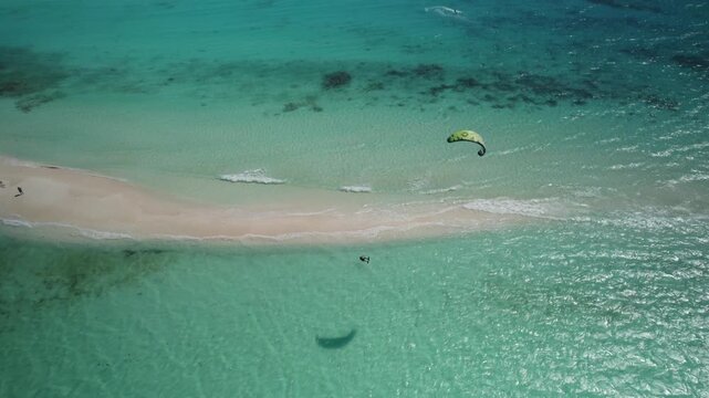 Aerial view of kitesurfing in Los Roques, Venezuela.