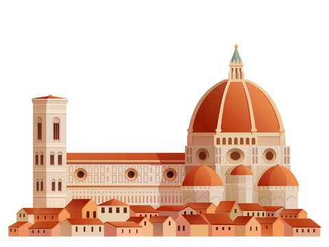 Cartoon vector illustration of Santa Maria del Fiore, also known as Florence Cathedral, a famous Gothic landmark in Florence, Italy, featuring its iconic red dome, ornate facade and distinctive bell t
