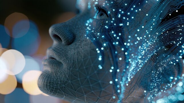 Profile of a digital human face overlaid with glowing blue data particles against a blurred bokeh