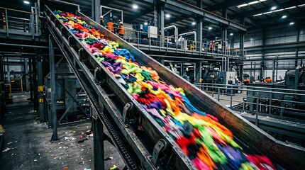 Obraz premium Rainbow colored textiles tumbling down a sleek industrial conveyor belt in a modern recycling facility with motion blur and cold machinery.