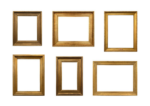 Collection of antique gilded picture frames isolated on white background