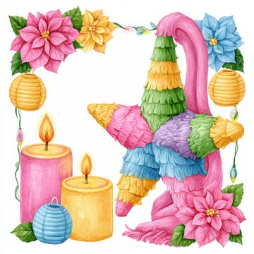 Las Posadas Watercolor Frame with Star Pi&ntilde;ata, Lanterns and Flowers