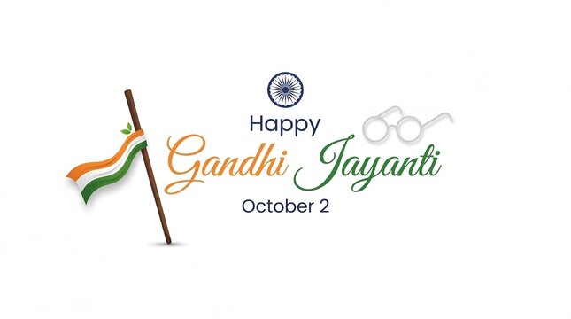 Happy Gandhi Jayanti minimalist banner with spectacles and wooden walking stick
