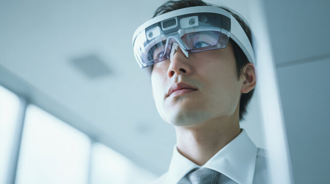 Businessman wearing high-tech smart glasses looks upward while working in a futuristic office environment.