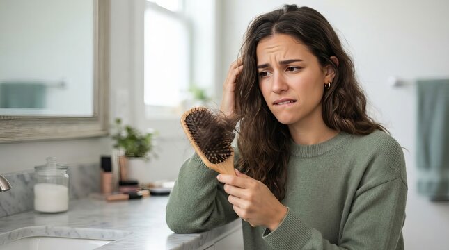 Stressed Young Attractive Woman Looking Concerned at Hair Loss Captured in a Hairbrush at Home