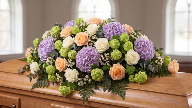 Vibrant floral arrangement featuring lavender hydrangeas white roses and peach blossoms resting elegantly upon a polished wooden funeral casket surface