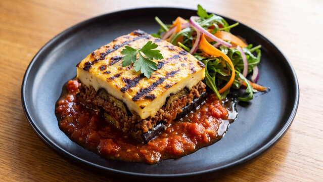 Grilled eggplant moussaka layered with savory spiced minced meat and golden bechamel sauce topped with fresh green parsley garnish herb
