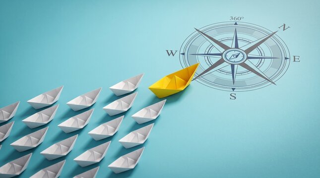 Leading the Way: A striking image of a yellow paper boat leading a fleet of white paper boats forward, with a compass directing their journey, symbolizing leadership and direction.